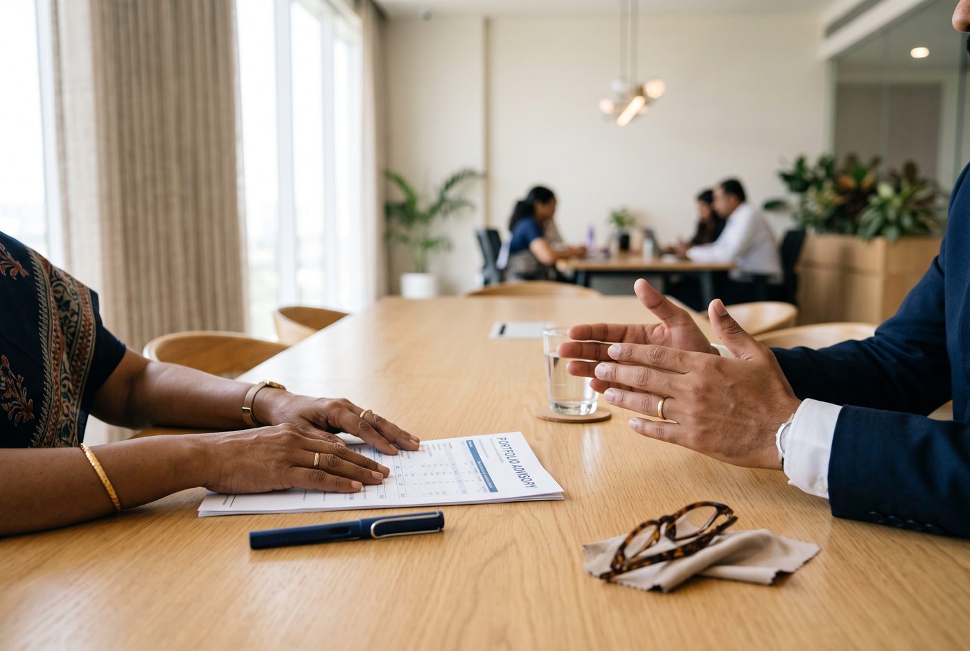 A financial planning conversation across a desk, documents and a pen in view
