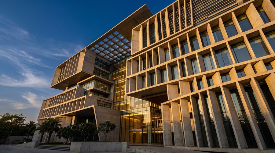A modern office facade in golden evening light