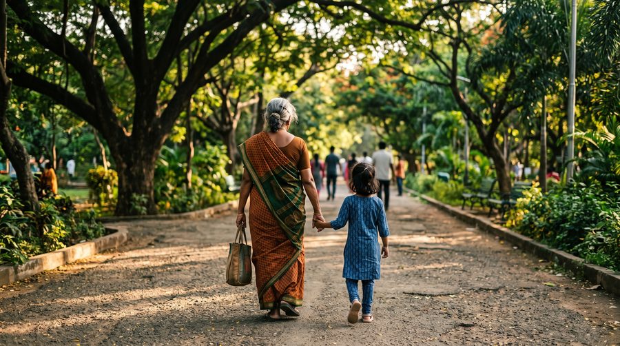 A grandmother and grandchild walking along a tree-lined path