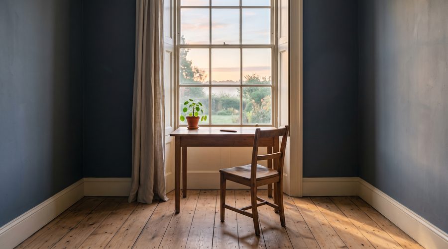 A quiet study with a desk beneath a window in morning light